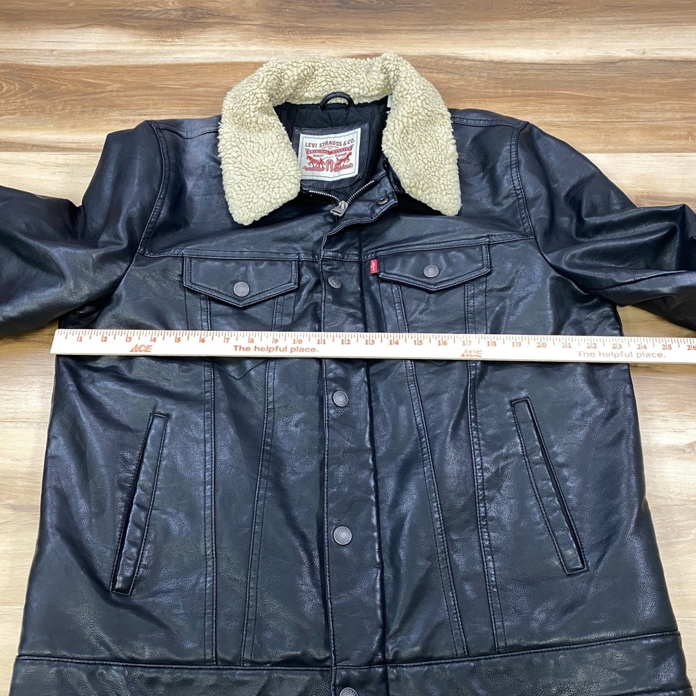 Levi's Trucker Jacket Mens L Sherpa Faux Leather Heritage Workwear Black Bomber - Picture 7 of 13